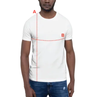 T-shirt measurement guide showing length A and chest B